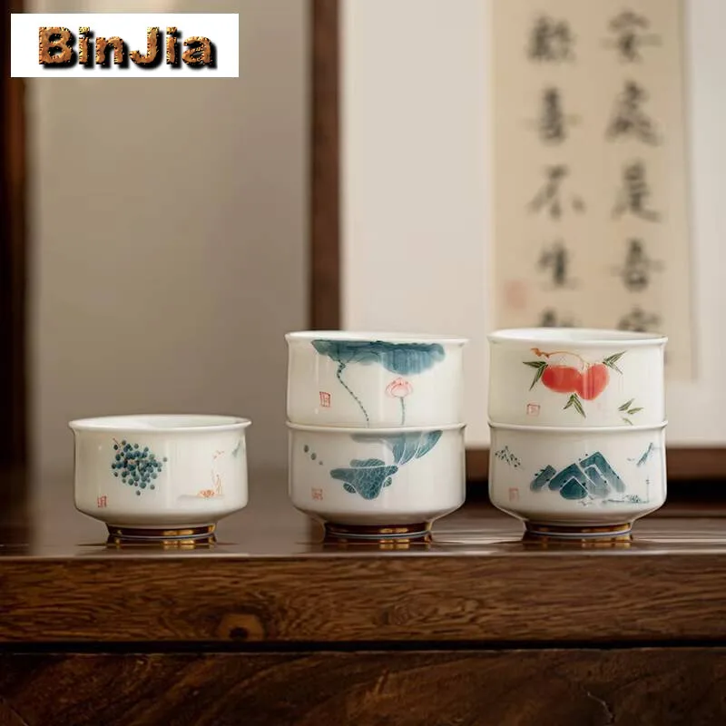 2pc/lot Hand-painted Lotus Tea Cup Handmade White Porcelain Master Anti Scalding Te Abowl Tasting Set Of Cups Teaware Gift 60ML