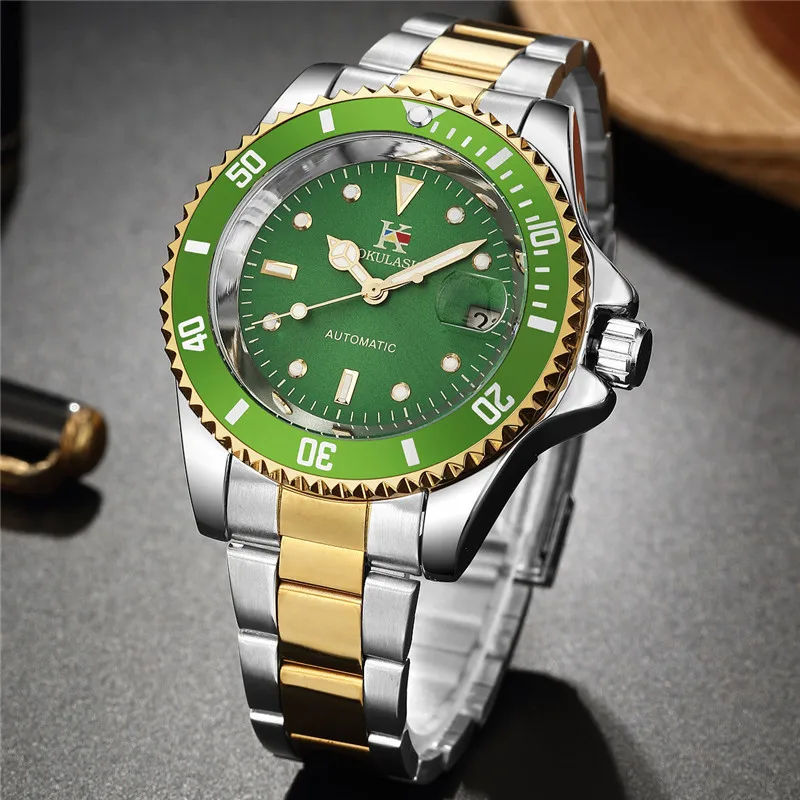 Stainless Steel New Green Spiral Crown Luminous Waterproof Self-Wind Automatic Mechanical Watch for Men