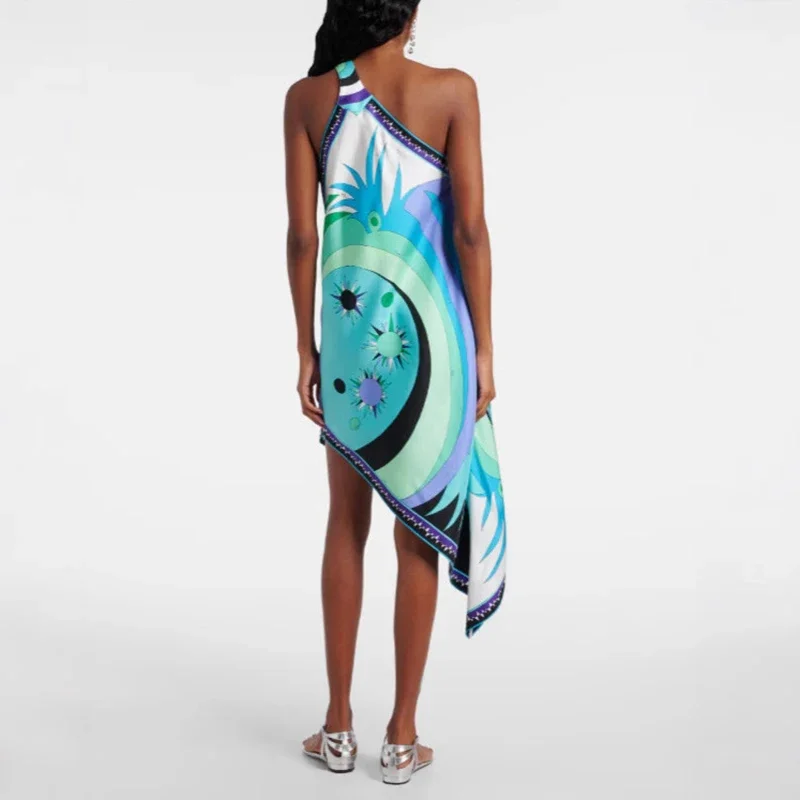 vestidos mujer sexy one-schouderbandjes jurk vrouw lente print onregelmatige satijnen jurk zomer schuine kraag vakantie strand jurken