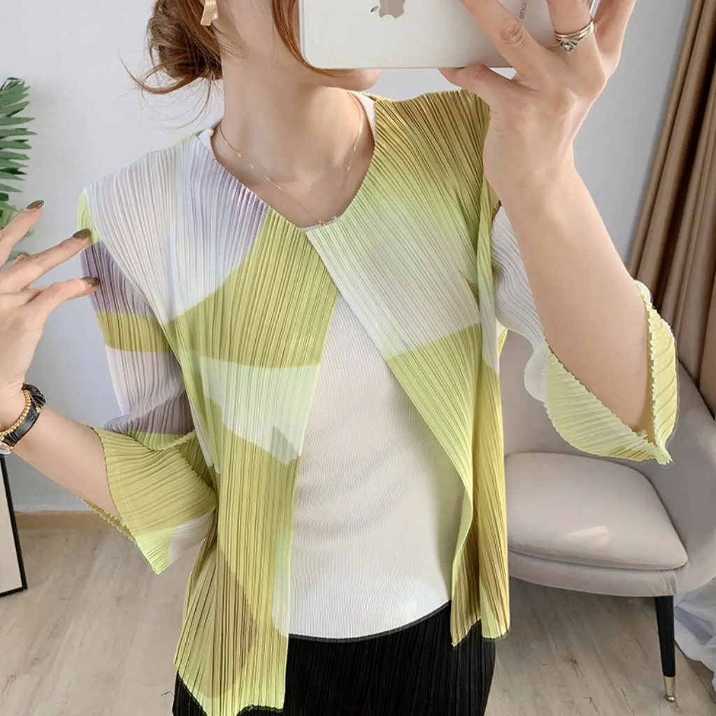 

Lily Pleated Printed Cardigan Women's Slimming Western Style Coat for Summer Air-Conditioned Room New