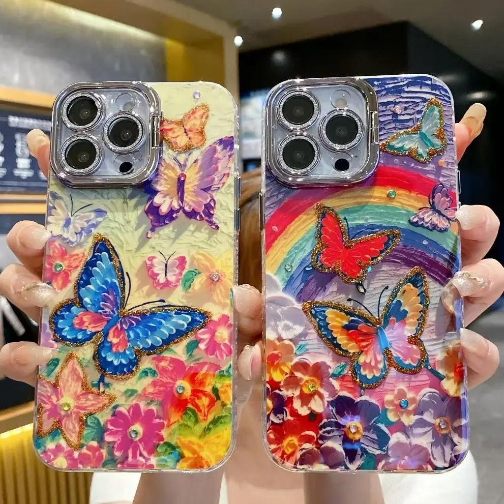 

Oil painting rainbow butterfly phone case suitable for iPhone 16 luxury iPhone 15 fashion iPhone 14 anti drop protective case