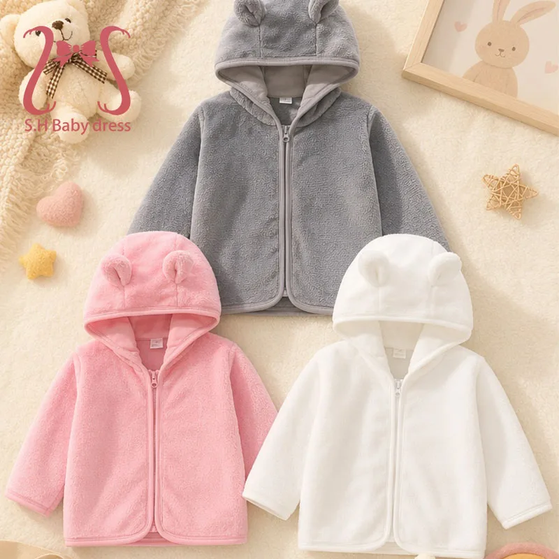 Newborn Baby Fleece Hooded Jacket Toddler Soft Plush Zip Up Coat Infant Bear Ears Warm Outerwear for Boys Girls Children Clothes