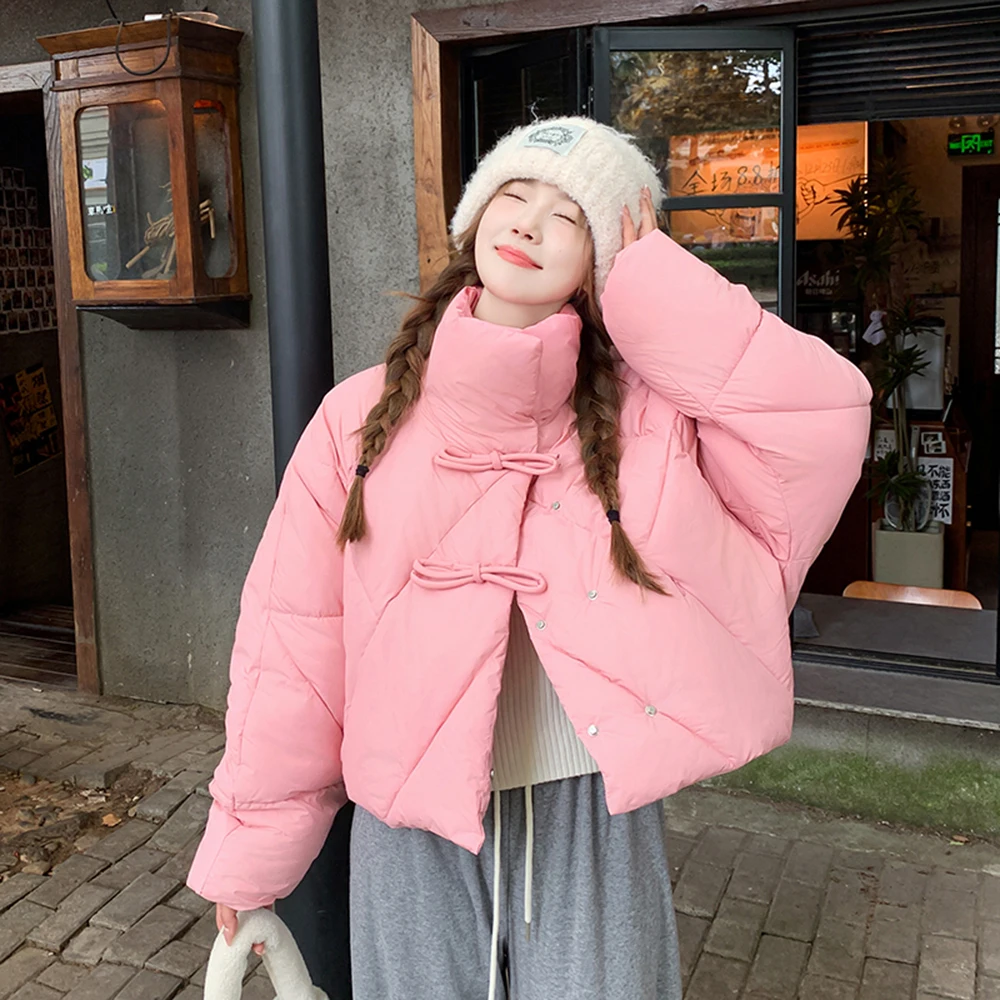 Korean New Fashion Bow Parka Casual White Down Coat Winter Women Y2K Cozy Warm Solid Padded Jacket Slim Outwear Female Overcoat