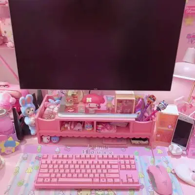 Pink Cute Monitor Stand Desktop Storage Wood Bracket Storage Box Laptop Desktop Computer Monitor Increase Rack Office Supplies