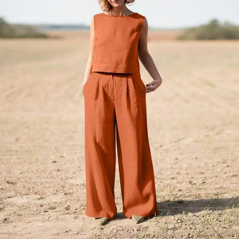 

2 piece sets women outfit summer fashion cotton and linen t shirt and pant sets casual loose sleeveless tshirt pants suit