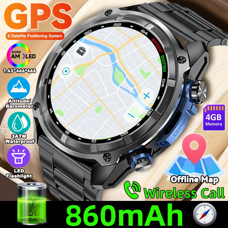 LIGE GPS Smart Watch Offline Map 860mAh Men Compass Barometric Altimeter 3ATM AMOLED BT Call Sports Watches 4GB MP3 MP4 Player