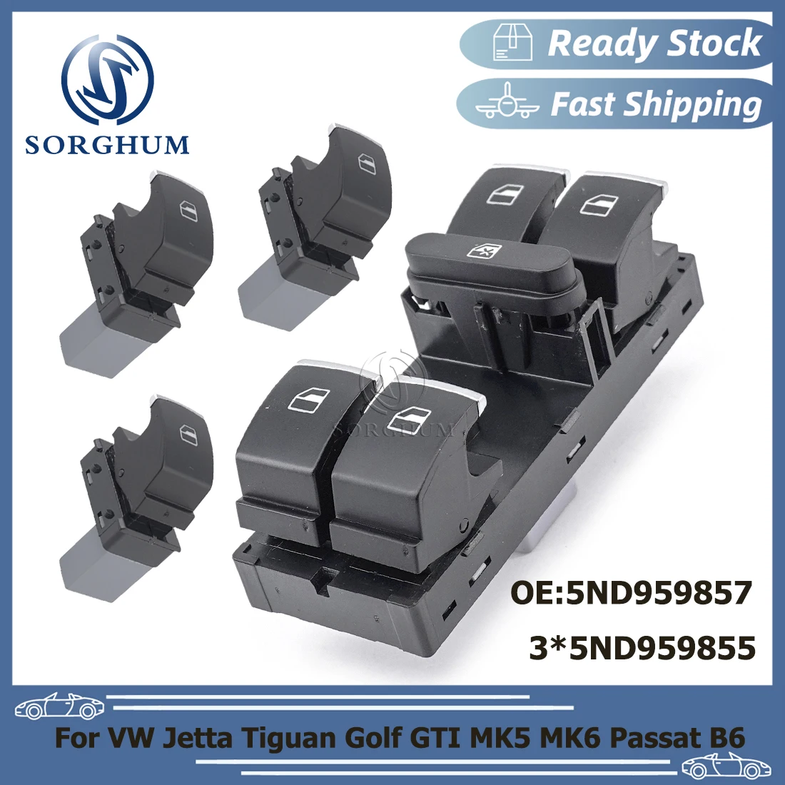 

SORGHUM 5ND959857 Power Window Master Switch Control Button For VW Jetta Tiguan Golf GTI MK5 MK6 Passat B6 CC Seat Leon MK2 5ND