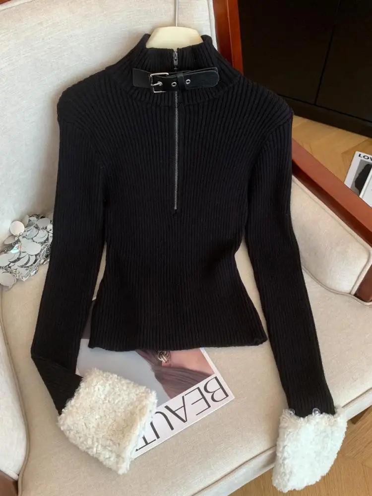 

Корейский модный бежевый универсальный свитер с половиной молнии и длинными рукавами, женский черный короткий пуловер, вязаные топы, осень-зима, повседневный