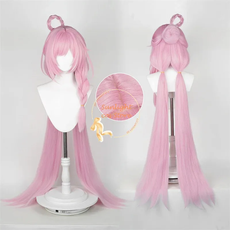 Perruques de Cosplay synthétiques longues roses avec frange, 3 Styles de peau, résistantes à la chaleur, Halloween Elysia Anime Cos + bonnet de perruque