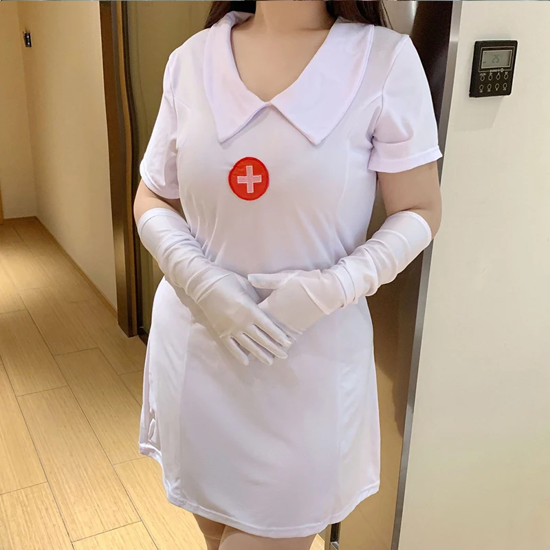 orme de Enfermera Blanco Talla ande con Cuello Csero, Falda para Mujer, Talla ande, para loween, Cosplay, de un...