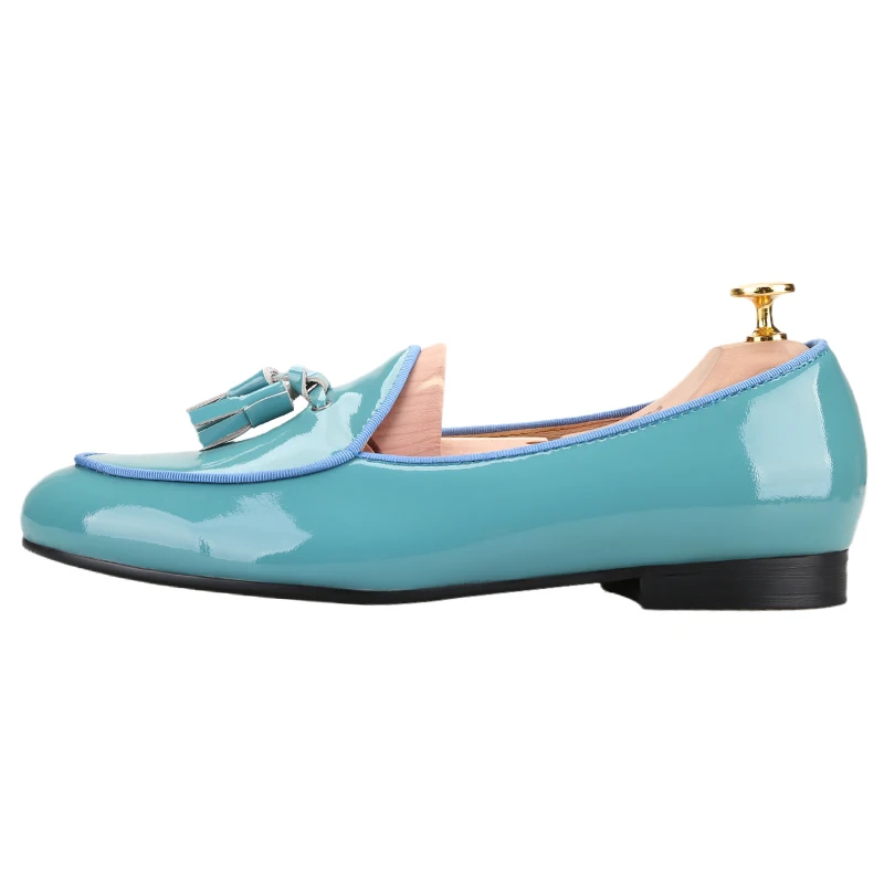 Piergitar Sky Blue And Black Patent Leather Slip-On Loafers With Handmade Matching Color Tassel Classic Model Men's Casual Shoes