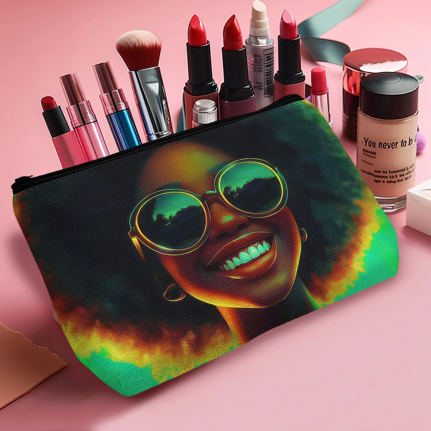 1Pc Cute Lady Smile Art Makeup Bag Afro Lady Cosmetic Bag Black Woman Art Multifunctional Reusable Makeup Bags A 8.66X5.51Inch