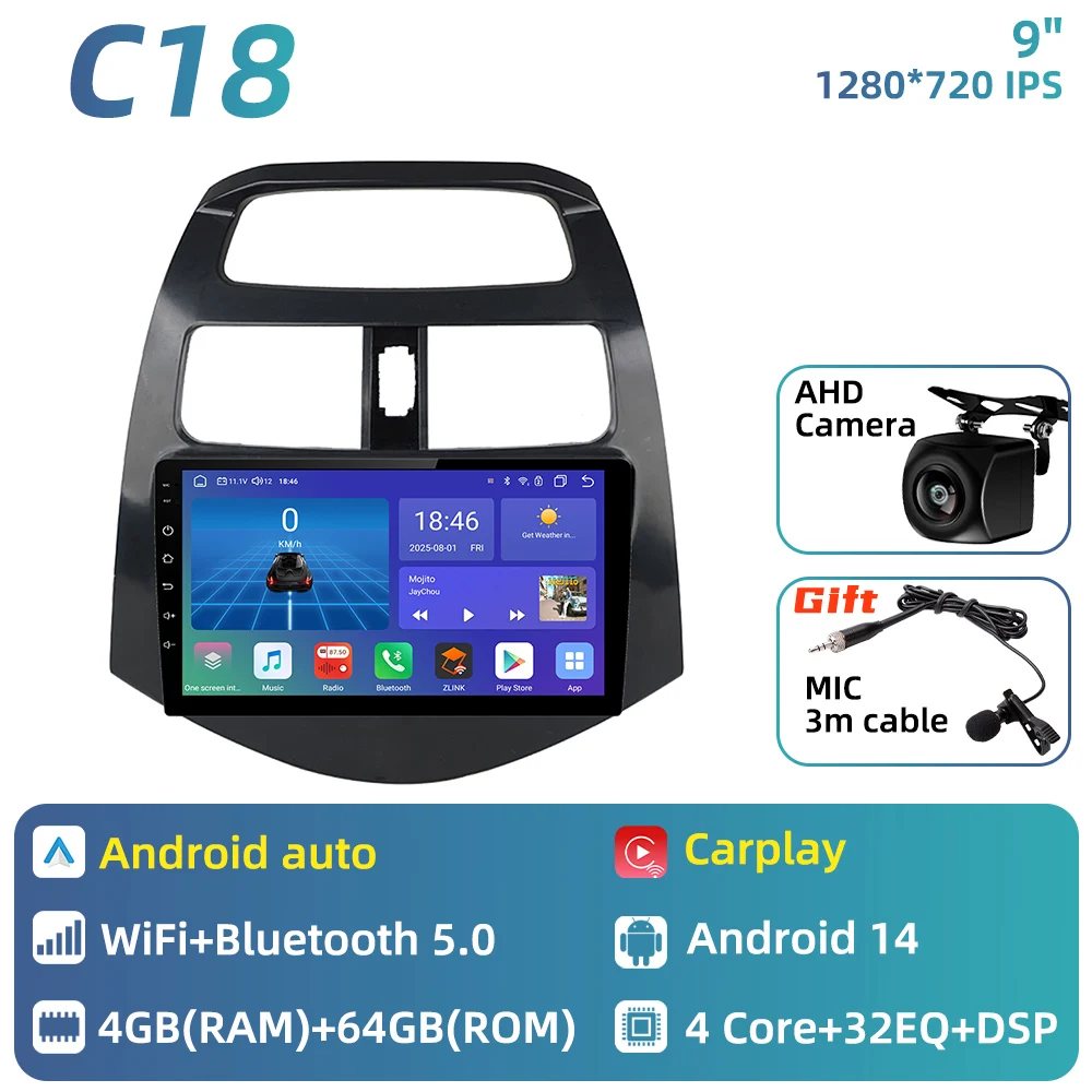 Auto radio voor Chevrolet Spark 2010 - 2014, multimediaspeler, Android Auto, GPS navigatie, head unit, stereo, 2 DIN, 4G - afbeelding 1
