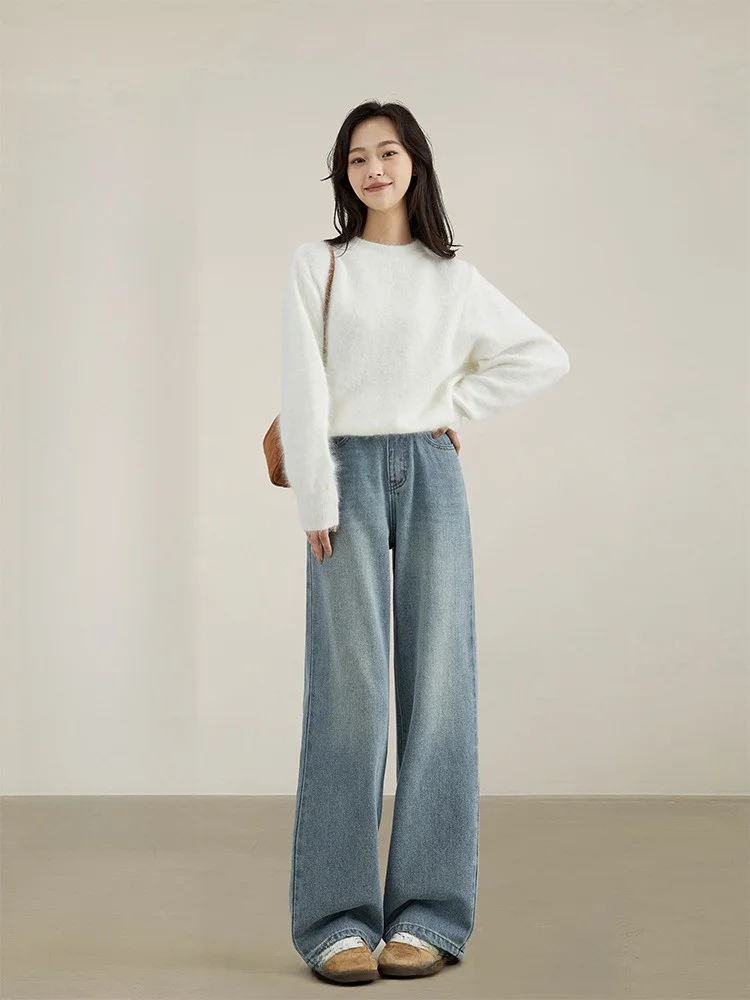 

Джинсы с высокой талией и широкими штанинами, женские осенне-зимние свободные брюки прямого кроя, облегающие джинсовые брюки с высокой посадкой