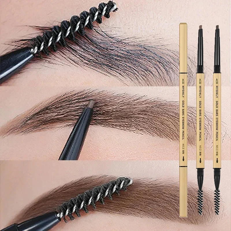 Small Gold Bar Double Head Triangle Eyebrow Pencil, Ultra Fine Waterproof Sweatproof Lasting Non-Smudge Brow Definer with Brush