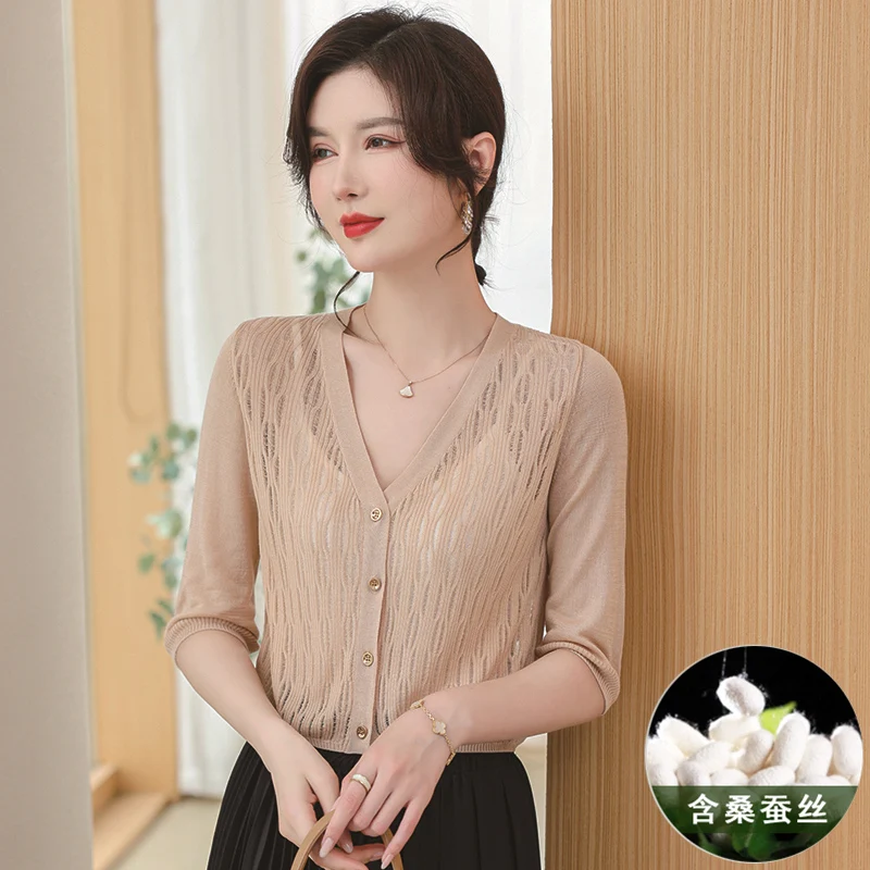 

Good Silk Cotton Knitwear Lady Summer Sun Protection Single Breasted Cardigan Thin Breathable Knitwear Lyocell Knitting Outwear