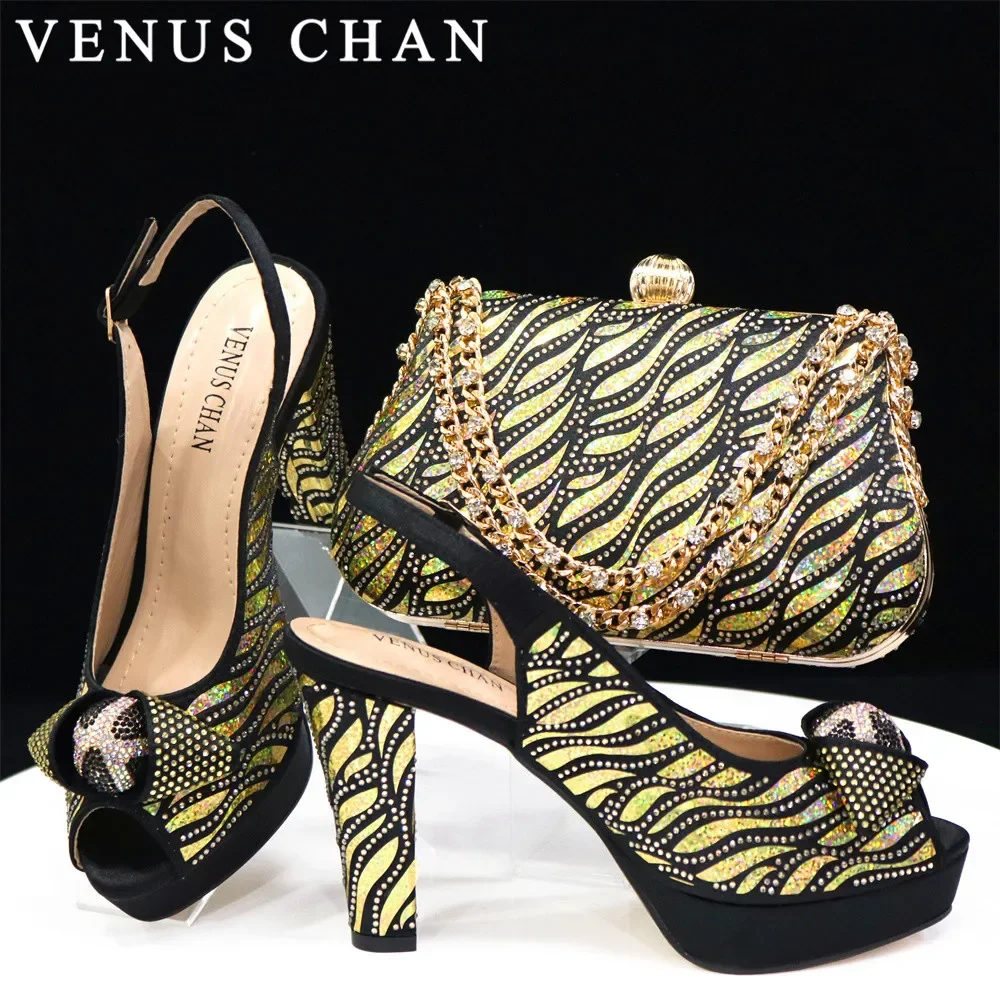 Venus Chan Elegant Fashion Peep Toe High Heels Laser-striped Sequin Rhinestone Women's Party Shoes and Bags 2024 Italian Design