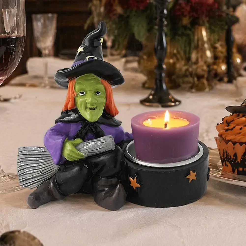 Witch Candle Ornament Anti-scalding Metal Liner Candle Holder Halloween Witch Skull Resin Candle Holder Spooky Star for Haunted