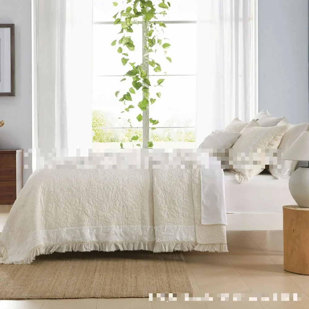 Luxury Cotton Linen Embroidered Quilt 3-Piece Set Minimalist Solid Color Lace Edge Bedspread Coverlet Set Queen Size Home Decor