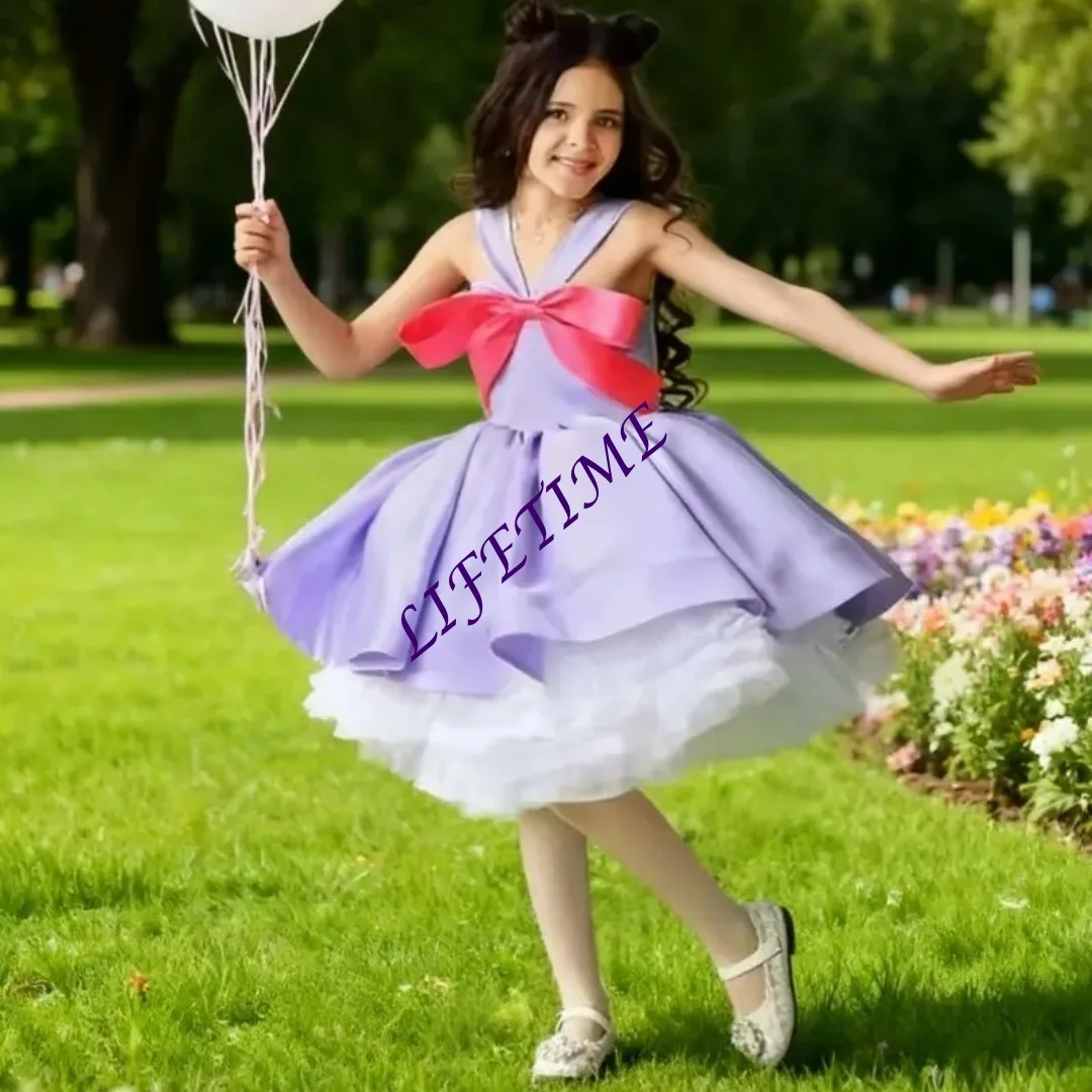 

Лавандовое платье с цветочным узором для девочек по индивидуальному заказу с бантом, юбка длиной до колена, свадебное платье для девочек на день рождения, платье для первого причастия на заказ