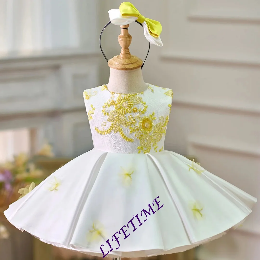 Adorable White Sleeveless Beaded Baby Girl Dress with Bow Knee-Length Gown for Princess Wedding Birthday Party Customized