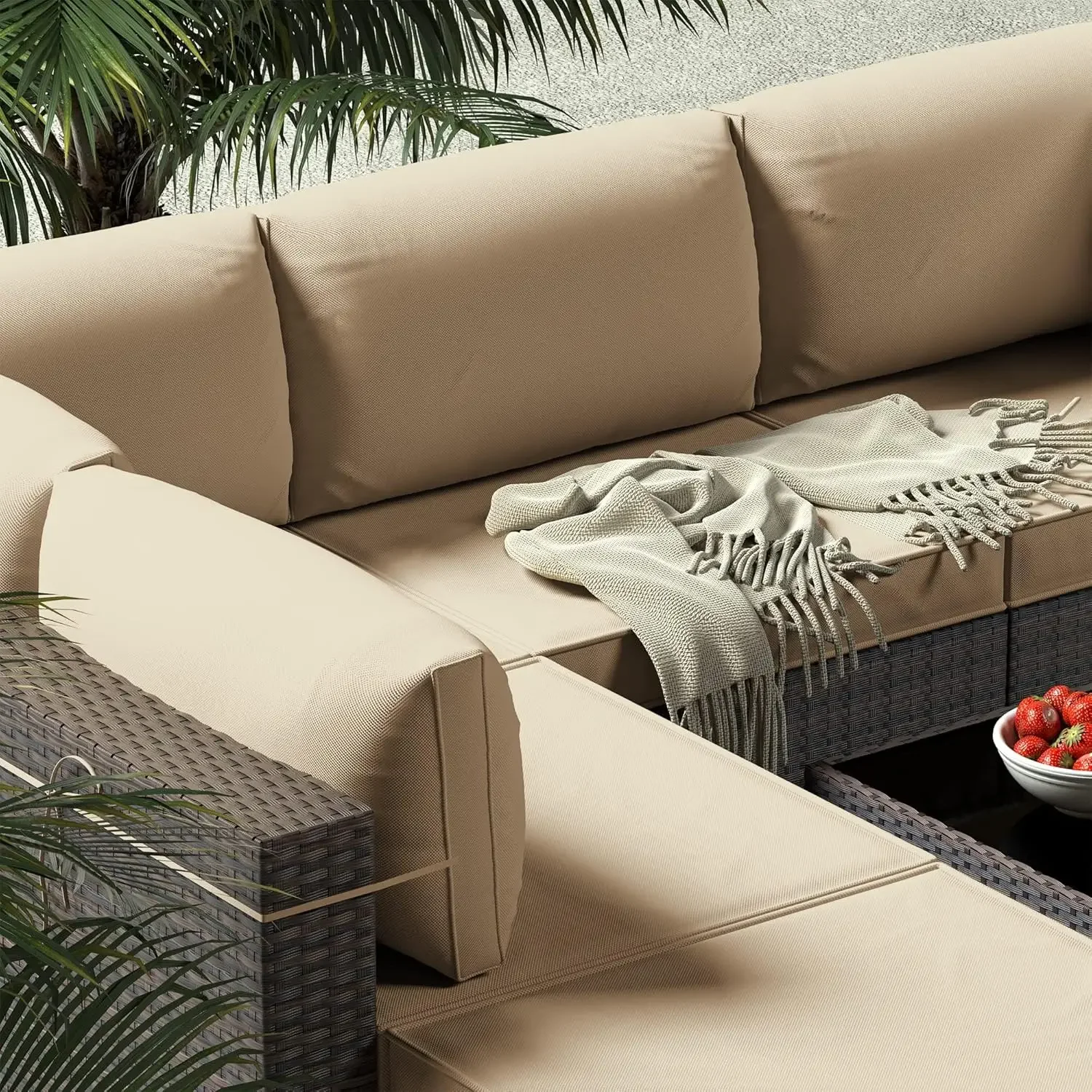 7-Piece Outdoor Patio Furniture  PE Rattan Sectional Wicker with Replaceable Khaki Waterproof Cushions & Coffee Table