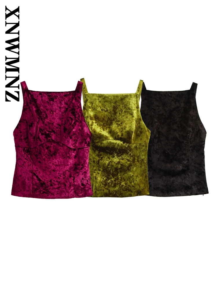 XNWMNZ 2024 Autumn New Woman Chic Velvet Vest Commuting Lady Sleeveless Square Collar Waistcoat Bowknot Short Gilet Halter Top