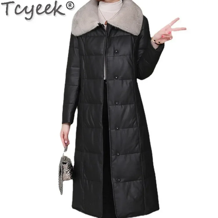 Tcyeek-Veste en cuir véritable pour femme, manteau mi-long en peau de mouton pour femme, vêtements d'hiver, 90% duvet de canard blanc, vestes, col en fourrure de vison