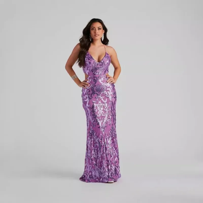 

2025 Spring/Summer New Sexy Spicy Girl Sequin Patchwork Suspender Dress with Elegant Temperament, Banquet Host Bridesmaid Dress