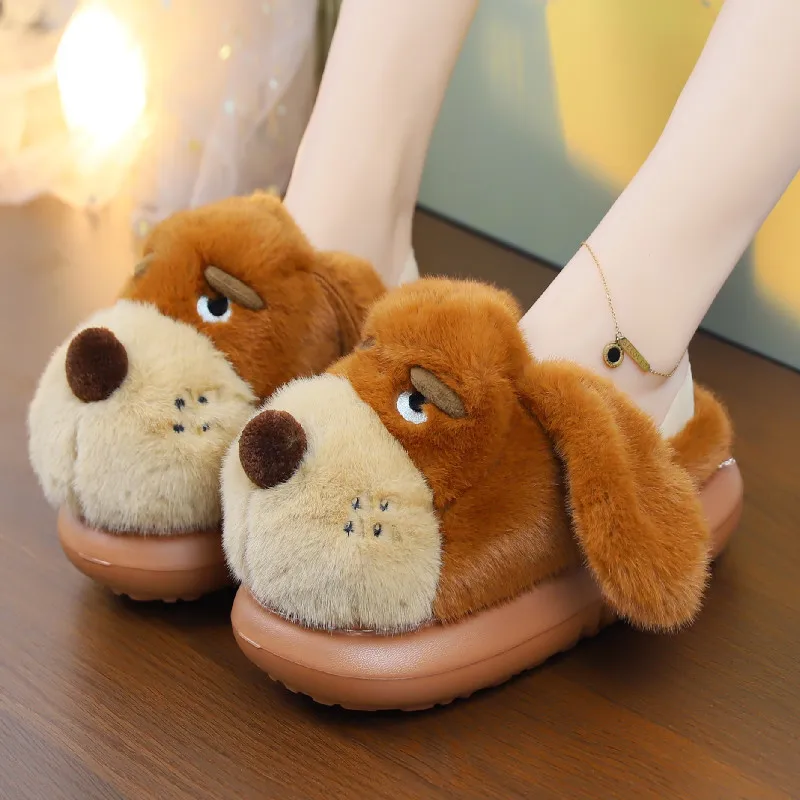 

New vivid puppy slippers warm furry indoor shoes women's winter home slipper 3D dog slides woman fluffy comfort room slippers