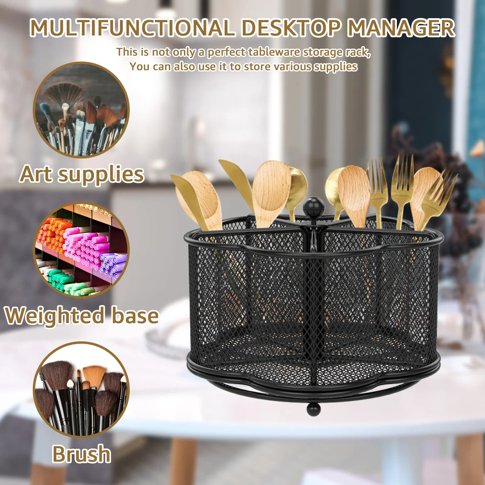 Kitchen Utensil Drying Holder with 360° Rotating Metal 5-Compartment Knife Spoon Fork Storage Racks Multi-Function Organizer