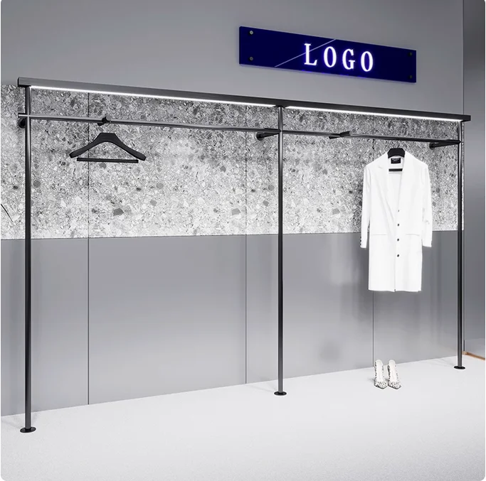 

Clothing store display rack wall mounted LED wall mounted iron hanging clothes display rack