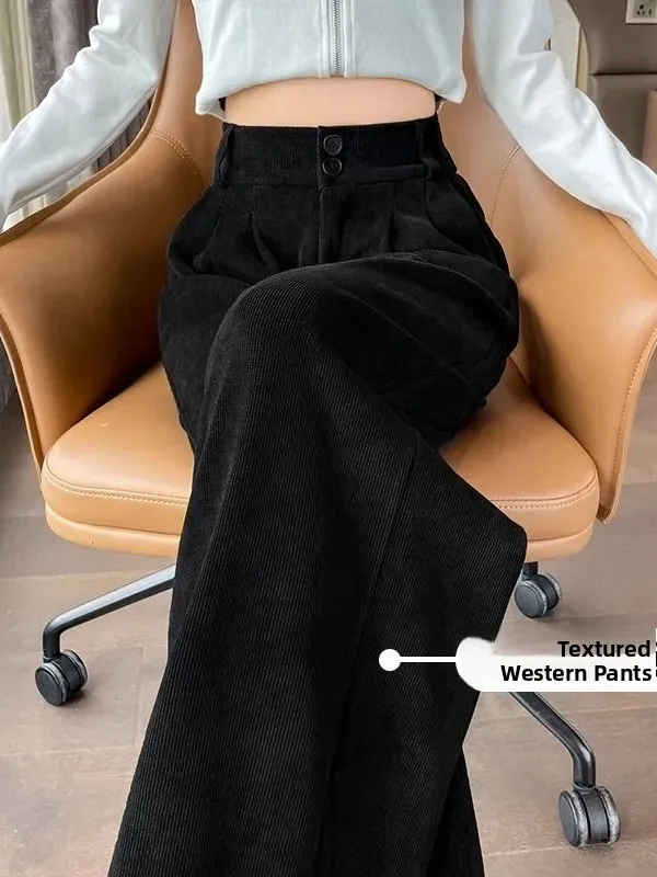 

High Waist Bla Corduroy Suit Pants Women's Straight Leg Wide Leg Pants Ele Drapey Feelins Commute Sle Pure Color