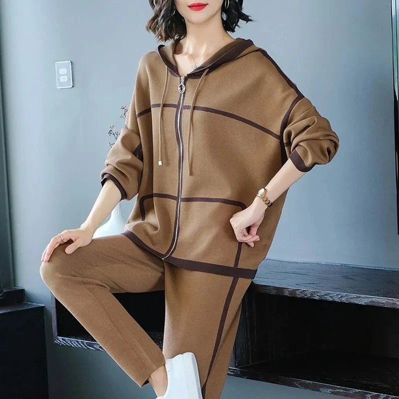 Two piece Women\'s Casual Sportswear Set 2024 Spring Autumn New Loose Long sleeved Knitted Hooded Zipper Set Women Clothing Sets