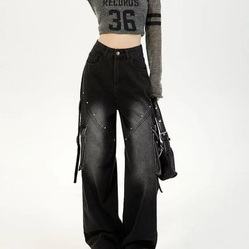 アメリカンブラックジーンズ女性の春と秋の新しいスタイルのデザインストレートルーズカジュアルで多用途なワイドレッグパンツ