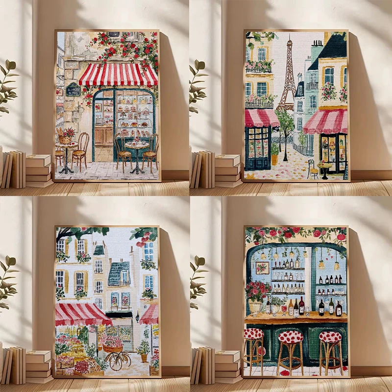 Vintage Paris Street Café Fruit Market Bakery Mediterranean Cityscape Poster Canvas Painting Wall Art Pictures Home Decor