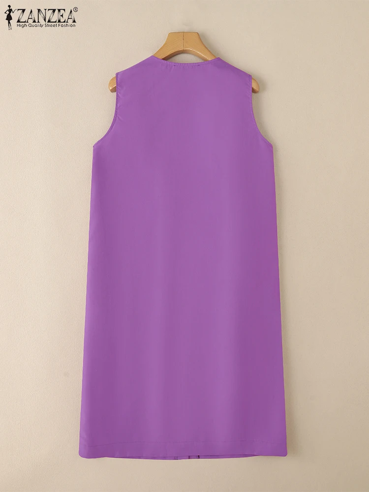 ZANZEA Woman Commute Tank Dresses Fashion Chic Scalloped Trim Casual O-Neck Robes Femme Button Up Short Sleeve Knee-length Dress