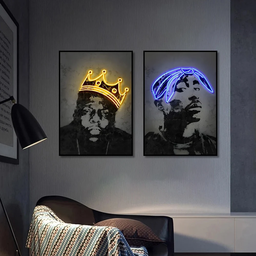 Famous Rap Singer 2PAC Biggie Wall Art Poster Neon Effect Portrait Mural Modern Home Decor Painting Canvas Picture Prints Gifts