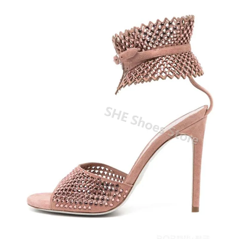 

Sexy Broadband Rhinestones Ankle Buckle Sandals Fashion Peep Toe Thin Heel Women High Heel Shoes Ladies Party Dress Sandals