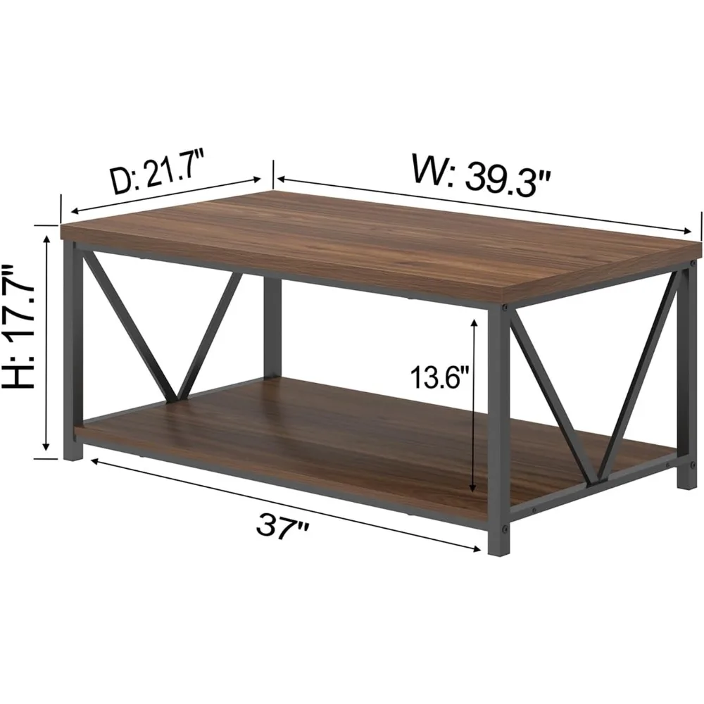 Modern Rustic Coffee Table with Storage Shelf, Metal and Wood Cocktail Table for Living Room, 39.3 Inch Wide