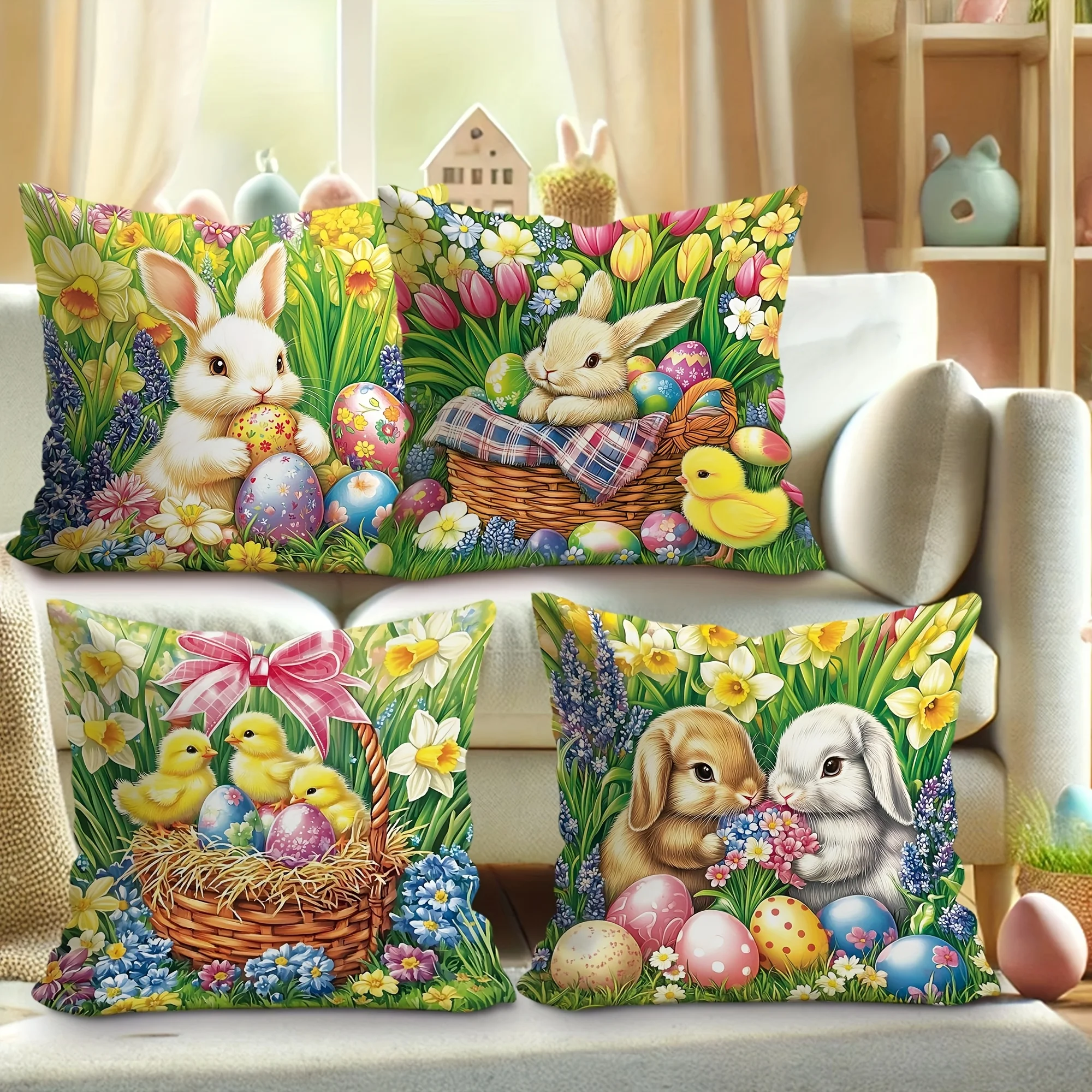 4 Pack Easter Cushion Covers 45x45cm Bunnies ChicksFlowers in Meadow Scene for Living Room Sofa Zipper