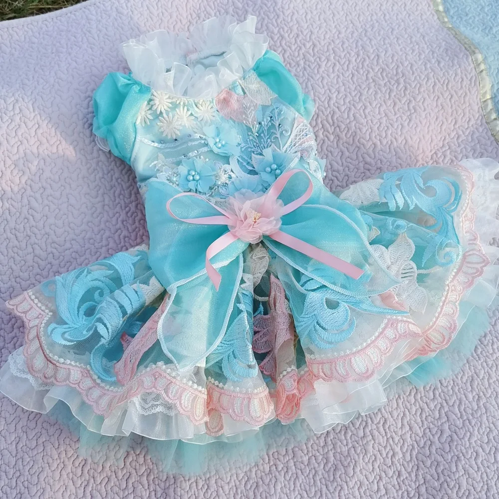 

Handmade Dog Clothes Pet Supplies Fresh Light Blue Ice Cream Color Tulle Skirt Tutu Princess Dress Peasant Sleeve One Piece