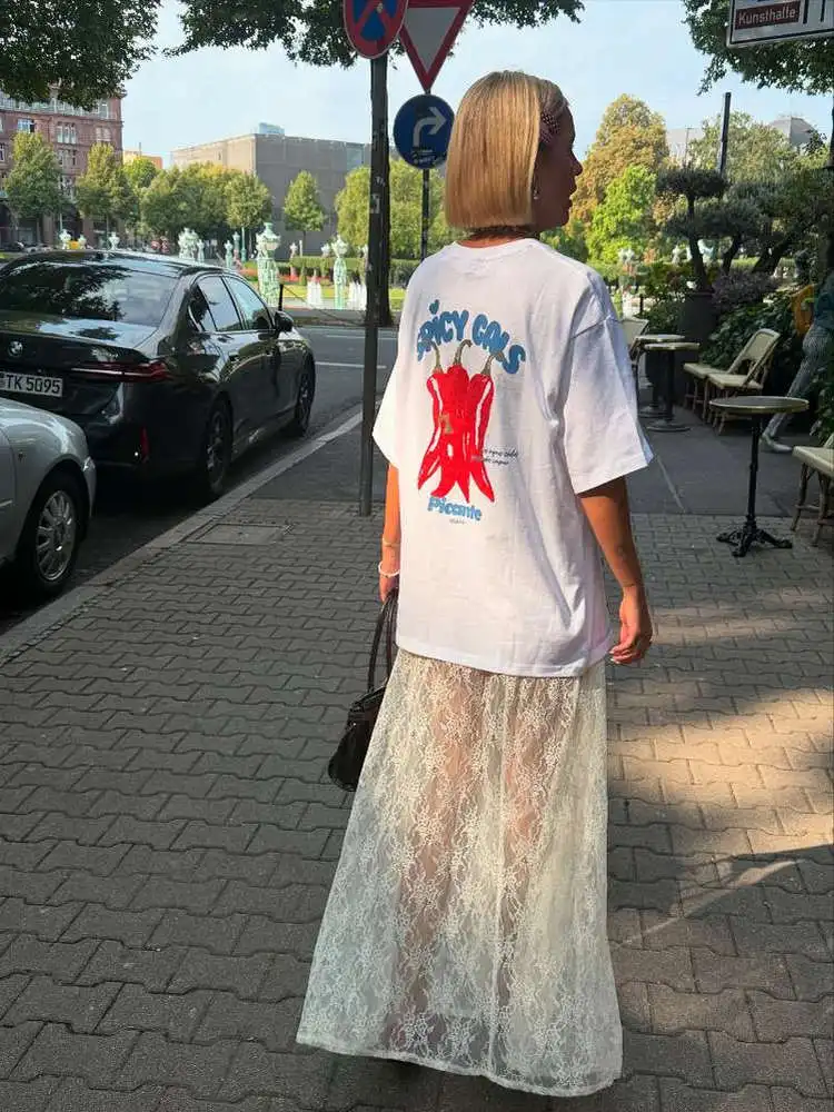 Camiseta Retro americana de verano OOTD con estampado de pimiento picante, camiseta informal holgada de ort Sve, camiseta redonda de algodón para mujer, camiseta de ajuste Regular Ne