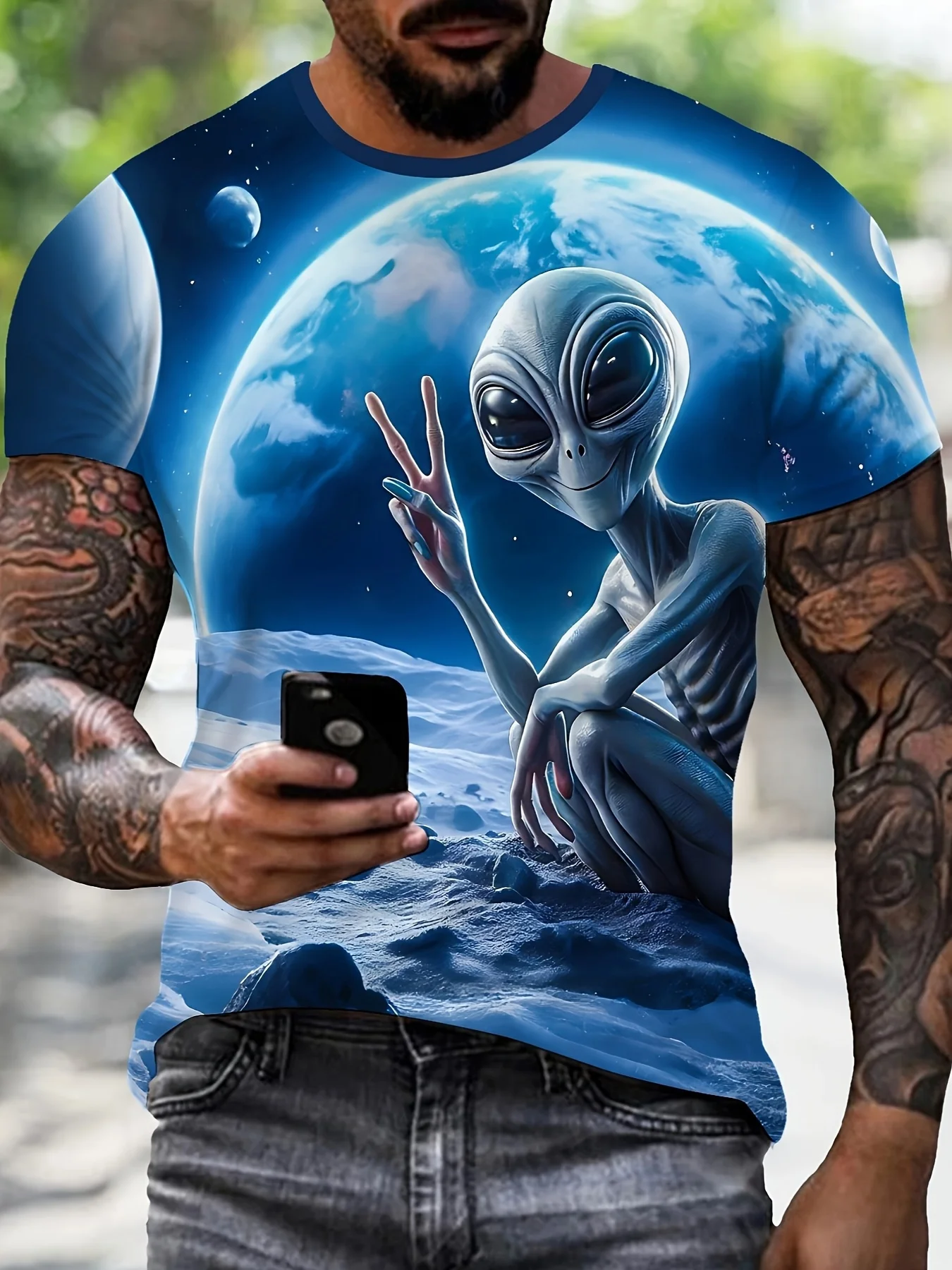 Men's Peace Sign Alien Lunar Surface Earth Galaxy Surreal Print Crew Neck Short Sleeve Sci-Fi Casual Tee Tops