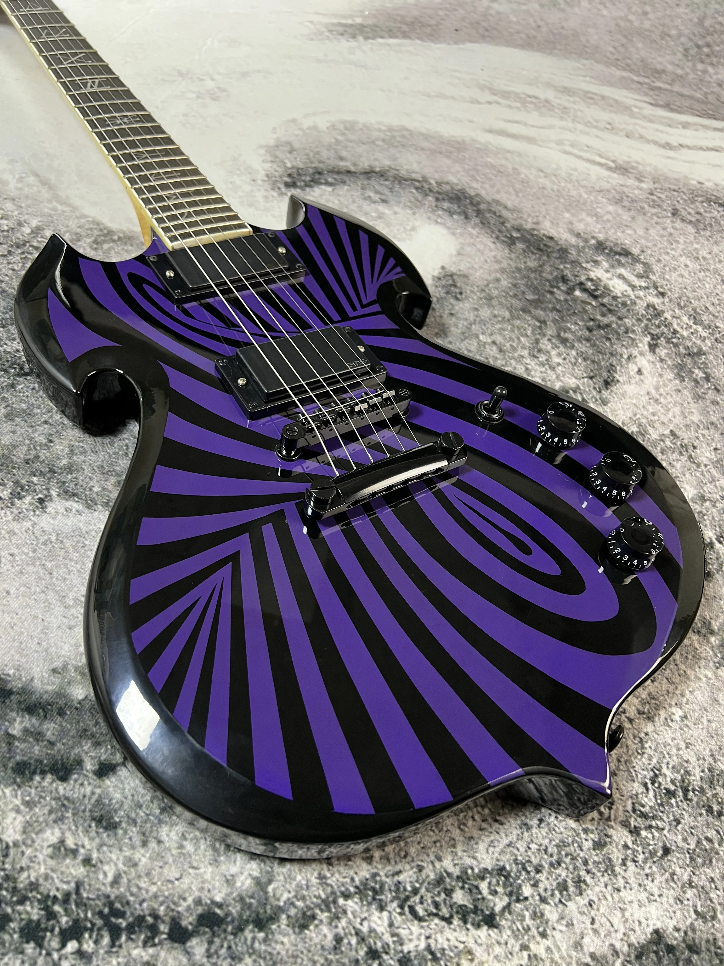 Purple‑Black Swirl Pattern Electric Guitar Unique Curved Body Dual Humbuckers Black Hardware for Metal Music