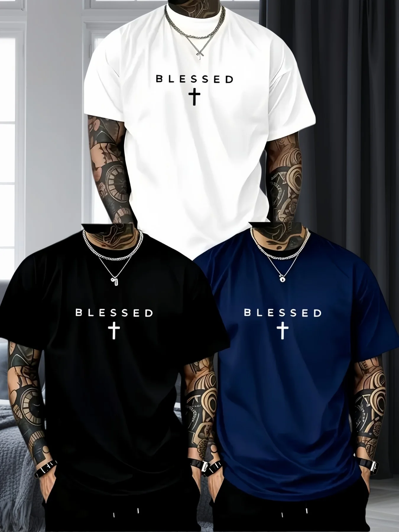 

Мужская летняя футболка из 100% хлопка, модная, повседневная, свободного кроя, с принтом креста и надписью «Иисус», спортивная, с круглым вырезом, с коротким рукавом, 3 шт.