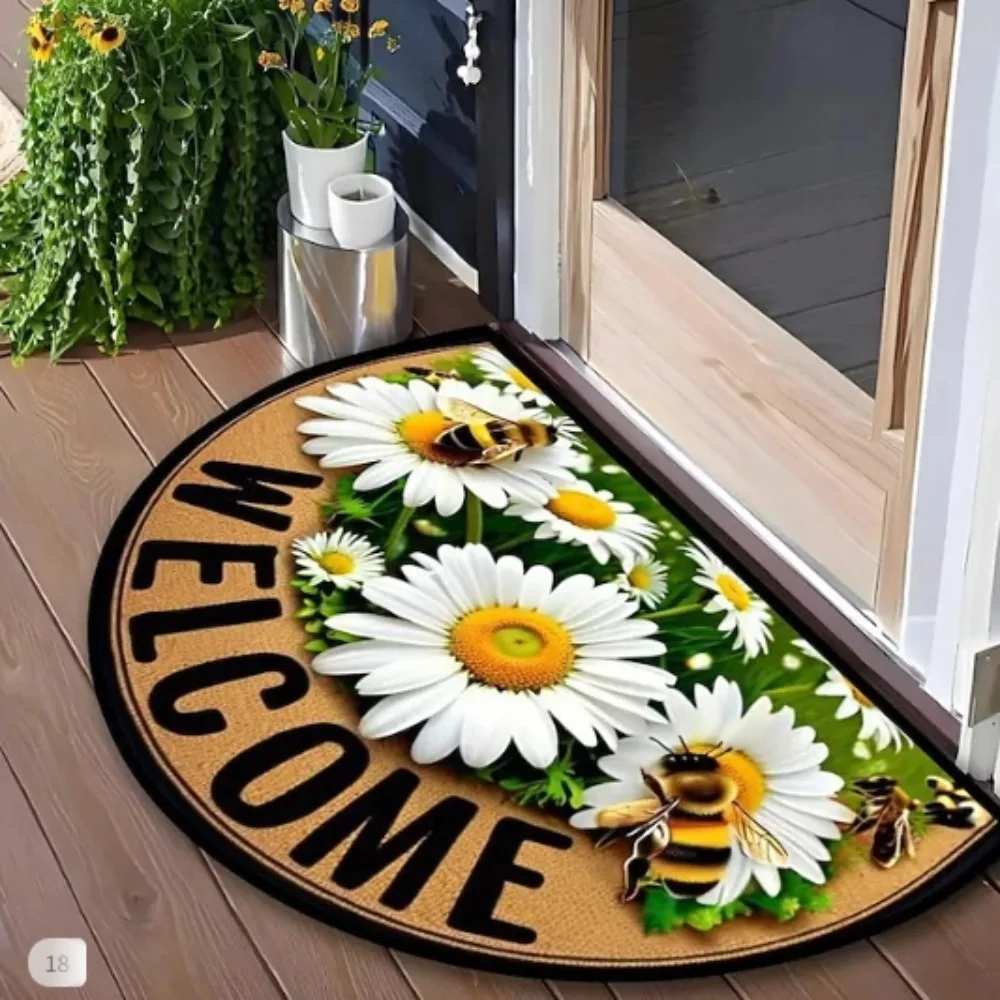 Sunflower Welcome Floral Country Garden Half Round Carpet Mat Rug Home Decoration Entryway Door Bright Cheerful Non Slip