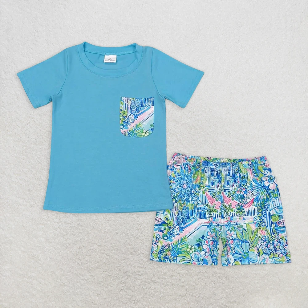 

Baby Boys Blue Short Sleeve Tee Shirt with Watercolor Pocket And Floral Shorts Set Baby Boy Outfit Clothes Set