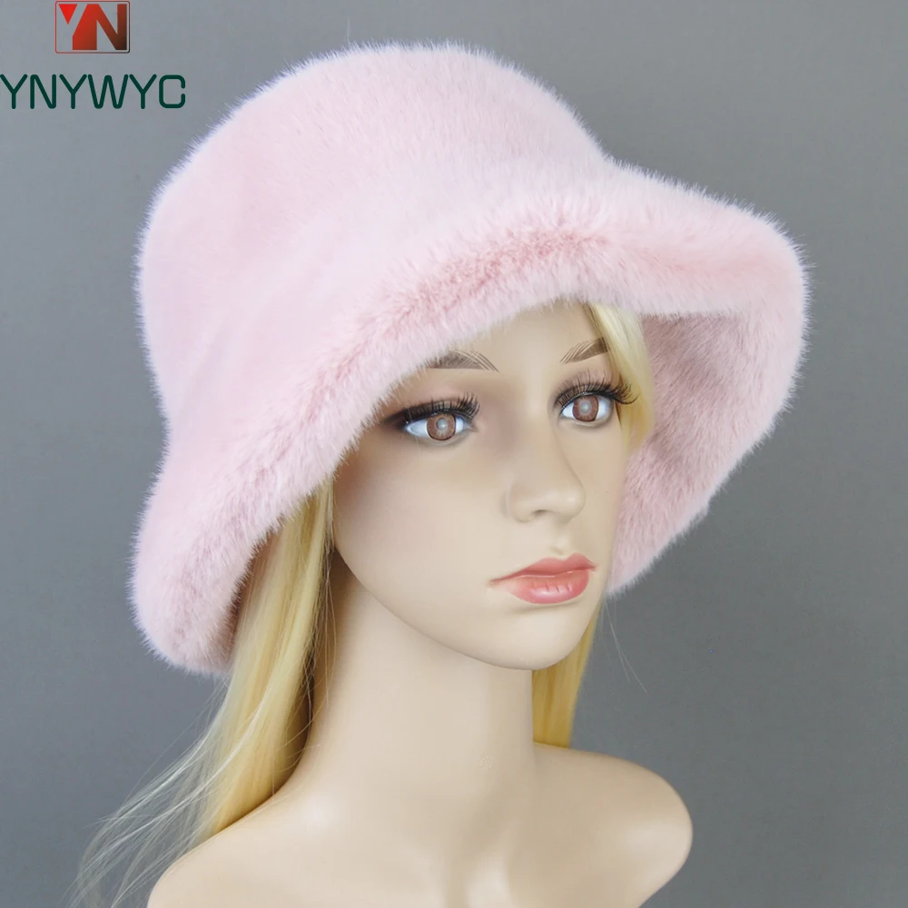 New Women Winter Luxury False Mink Fur Bomber Hat Natural Warm Artificial Fur Cap Fashion Girls Quality Soft False Mink Fur Hats