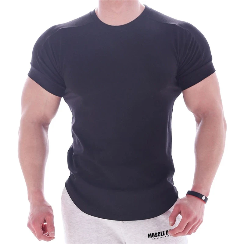 Men Summer T Shirts High Elastic Slim Fit Tshirt Men Quick-drying Curved Hem Mens T-Shirts Fitness T-Shirts Men Tops